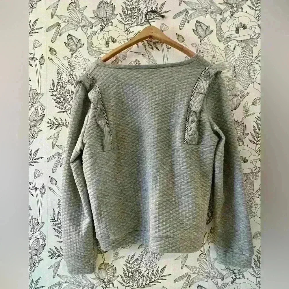 Gray V-Neck Sweater with Ruffles on Shoulders - Picture 2 of 3